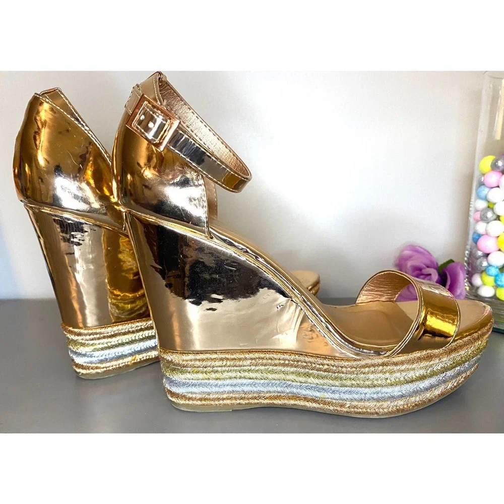Bamboo Women Metallic Open Toe Striped Espadrille Platform Wedge Sandal SZ10 - Picture 2 of 6